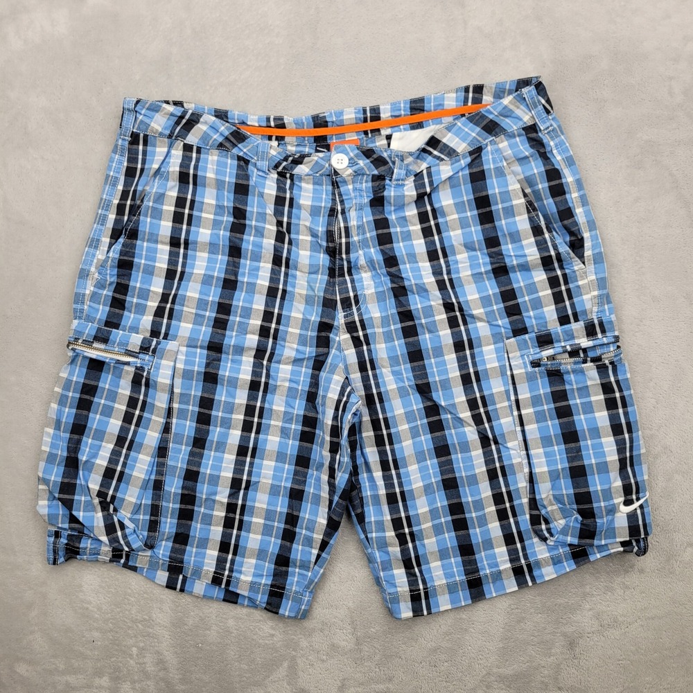 Nike Shorts Men 36 Cargo Skater Surf Athletic Dept Blue Black Plaid Swoosh Adult